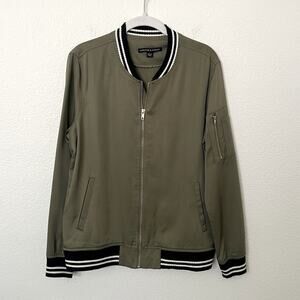 [Harlowe & Graham] Olive Green Striped Cuff Zip Up Bomber Jacket Size Medium M
